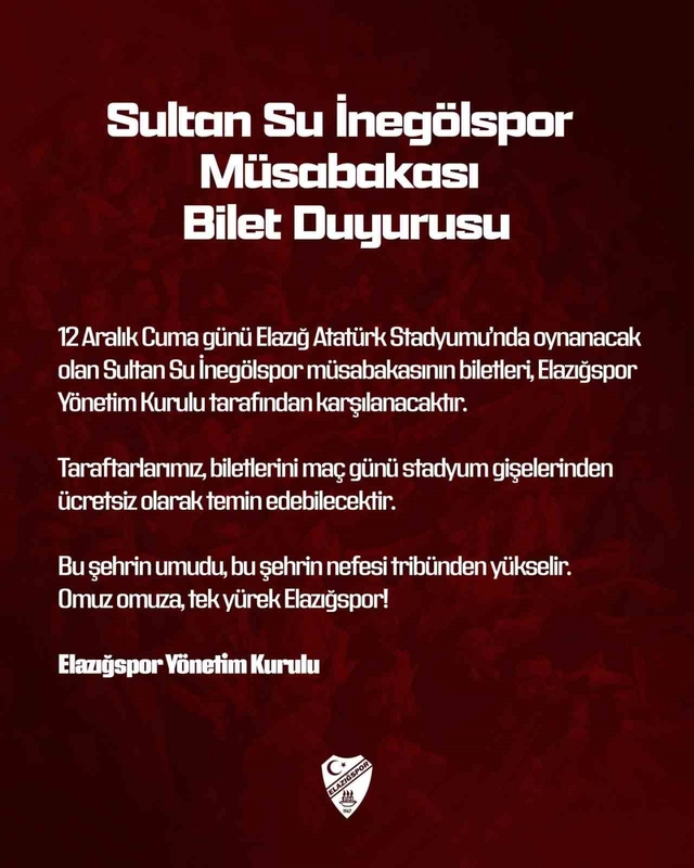 Elazığspor, İnegölspor Maçı Biletlerini Ücretsiz Yaptı